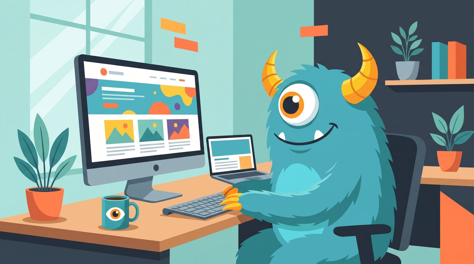 Monster Websites mascot at a design desk building a colorful custom website