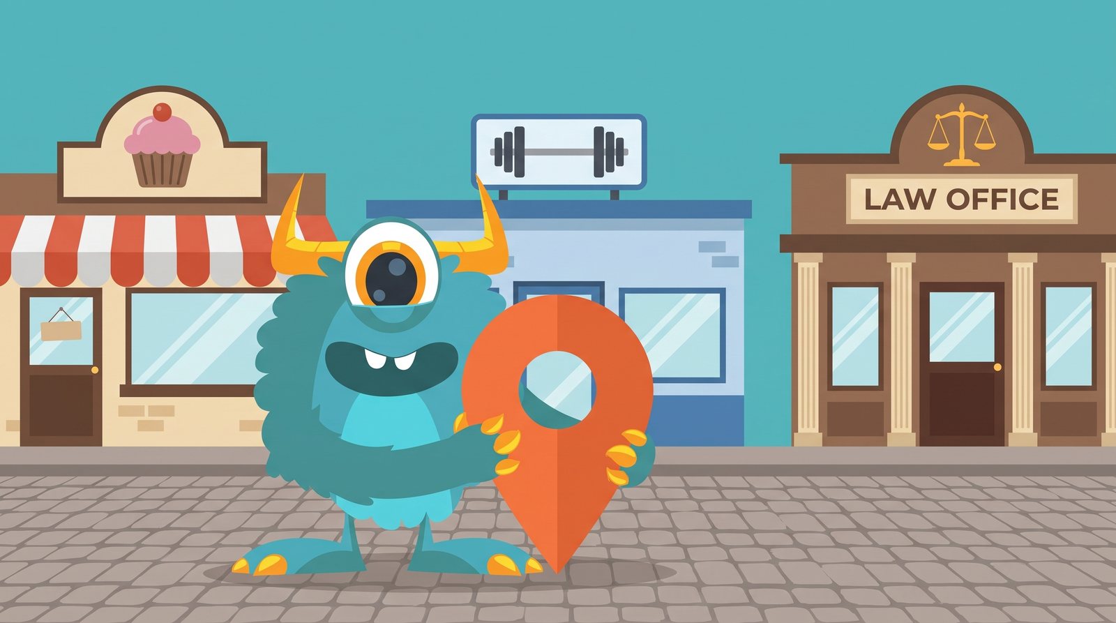Monster Websites mascot holding a map pin in front of local main street businesses