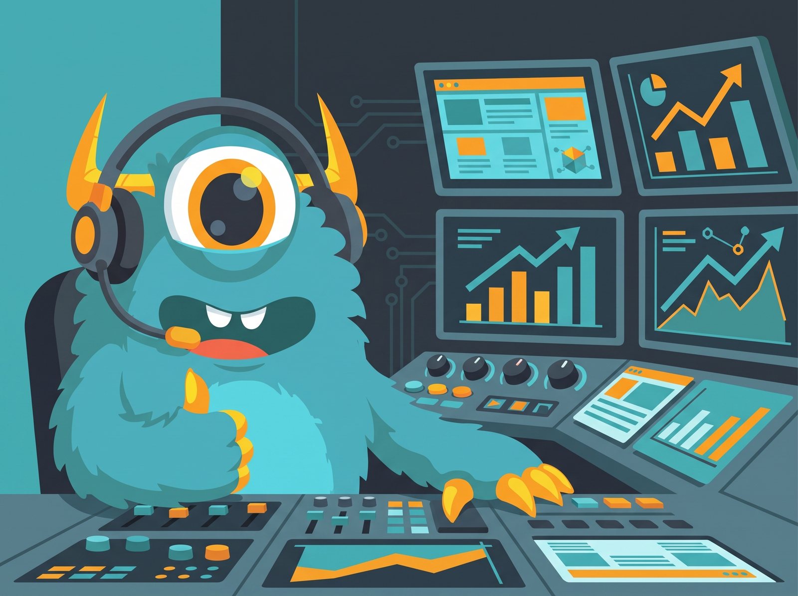 Monster Websites mascot wearing a headset managing client websites from a multi-monitor support desk